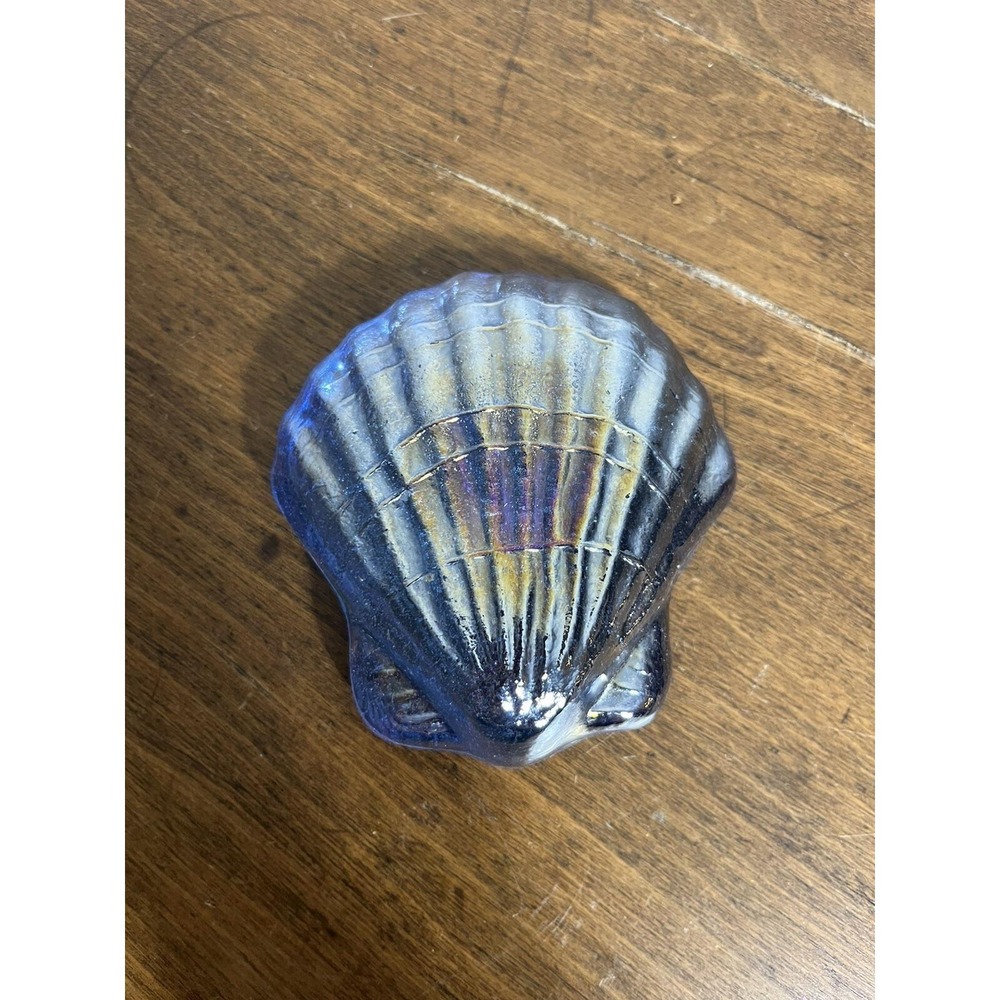VTG MCM CARNIVAL GLASS IRIDESCENT‎ BLUE CLAM SHELL PAPERWEIGHT 3.5"